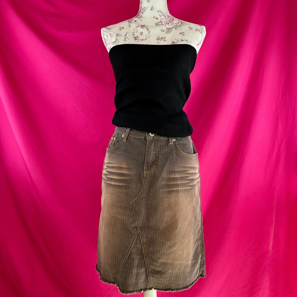 Y2K‎ Vintage Hot Kiss Brown Pinstripe Denim Skirt Size 5 27 USA Mid Rise Raw Hem
